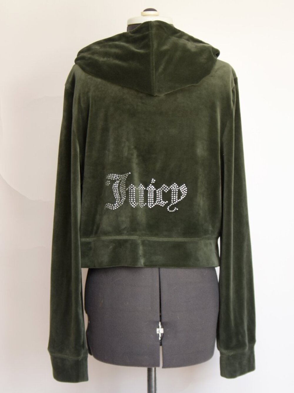 Juicy Couture Y2K Style Olive Green Velour Rhinestone Bling Zip Up Hoodie L